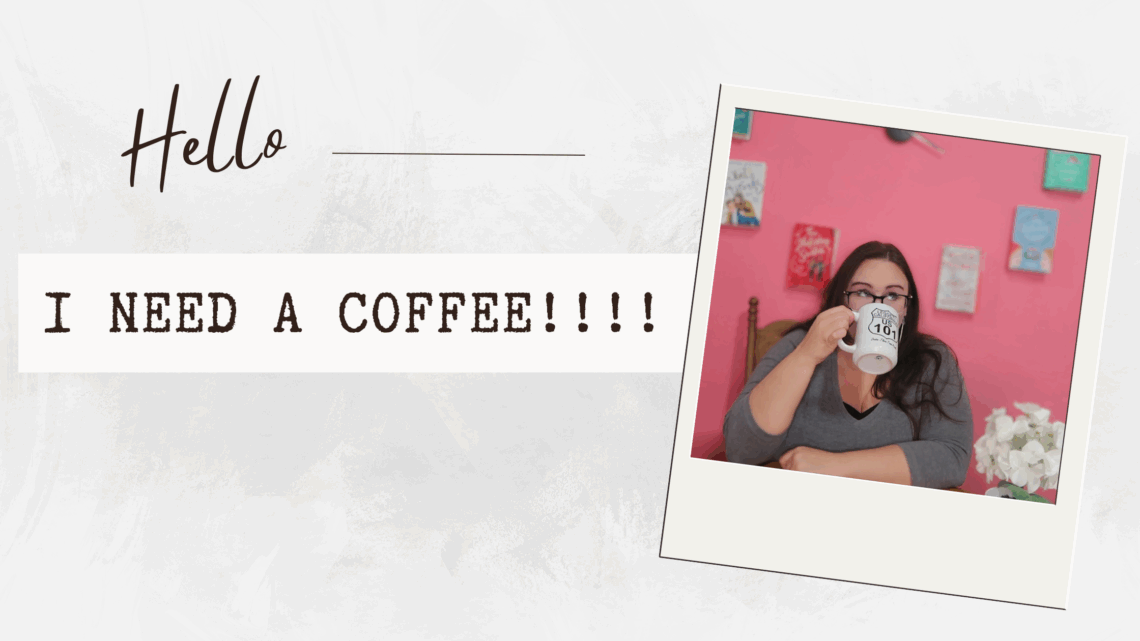 Woman drinking coffee from a Route 101 mug in front of a pink wall with books, next to the text 'I NEED A COFFEE!!!!'